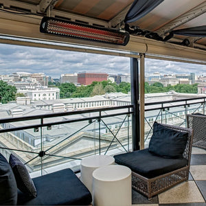 Black Bromic Tungsten Smart-Heat Wall Mounted Electric Heater in Covered Outdoor Area