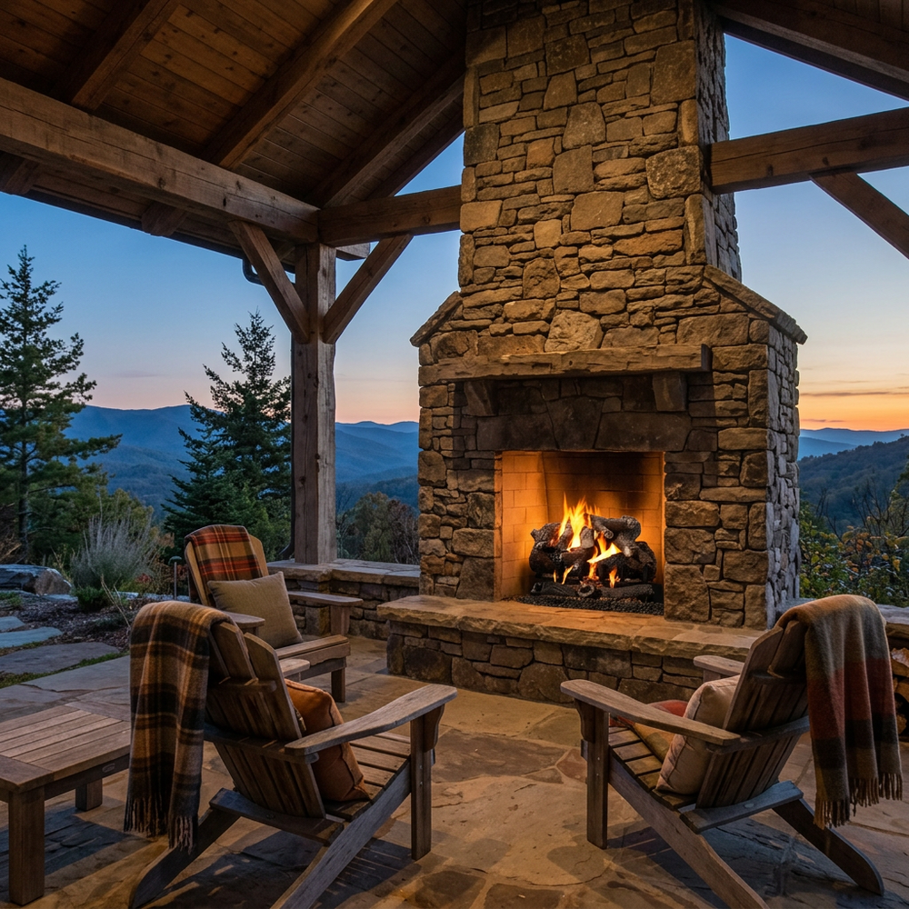 Majestic 2-Tier Stadium Outdoor Burner vented gas log set in Heritage Oak burning in a fieldstone outdoor fireplace in a mountain backyard pavilion