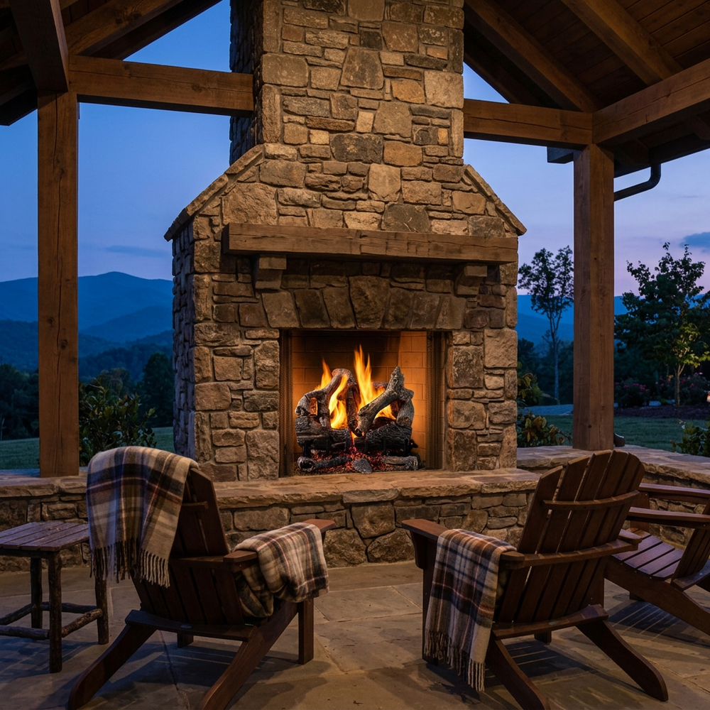 Majestic 3-Tier Stadium Outdoor Burner vented gas log set in Grand Oaks burning in a fieldstone outdoor fireplace in a mountain backyard pavilion