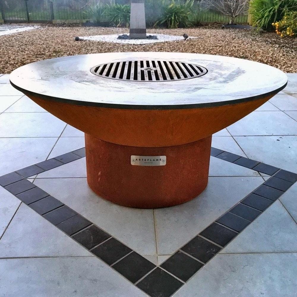 Arteflame 18-Inch Tall Round Base Corten Steel Fire Pit with Cooktop and Grill Grate