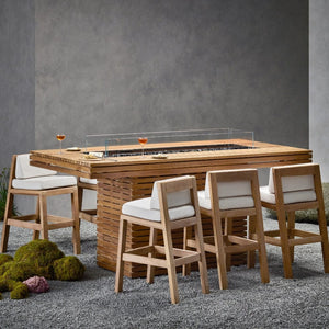 Blinde Design Sit B19 19-Inch Teak Wood Bar Stools in a minimalist outdoor setting