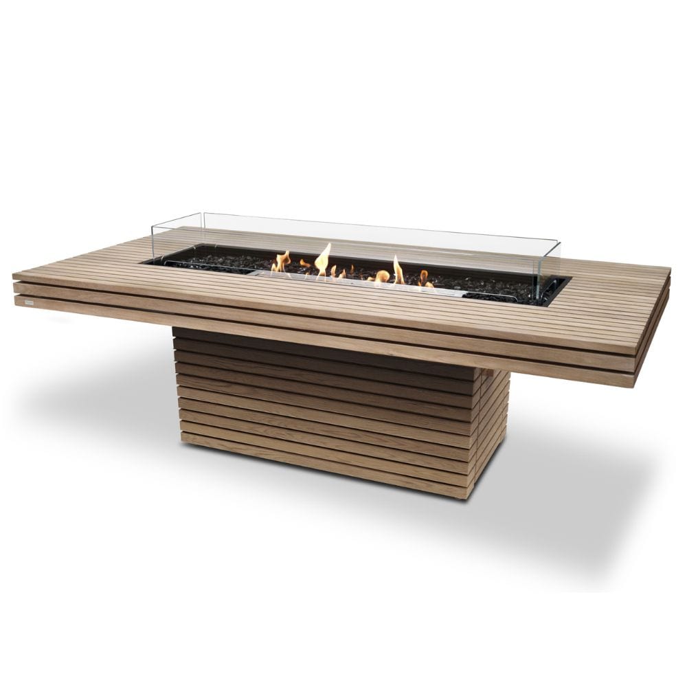 EcoSmart Fire Gin 90 Rectangular Dining Height Fire Pit Table in teak with gas burner