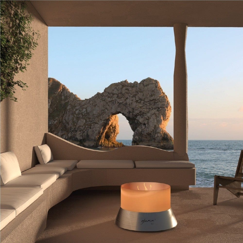 GlammFire Alba Free Standing Gas Fire Pit Standard at Patio Viewing the Sea