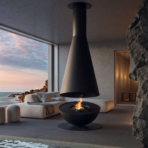 GlammFire Thales Firewood Wood Burning Fire Pit at Patio Viewing the Ocean