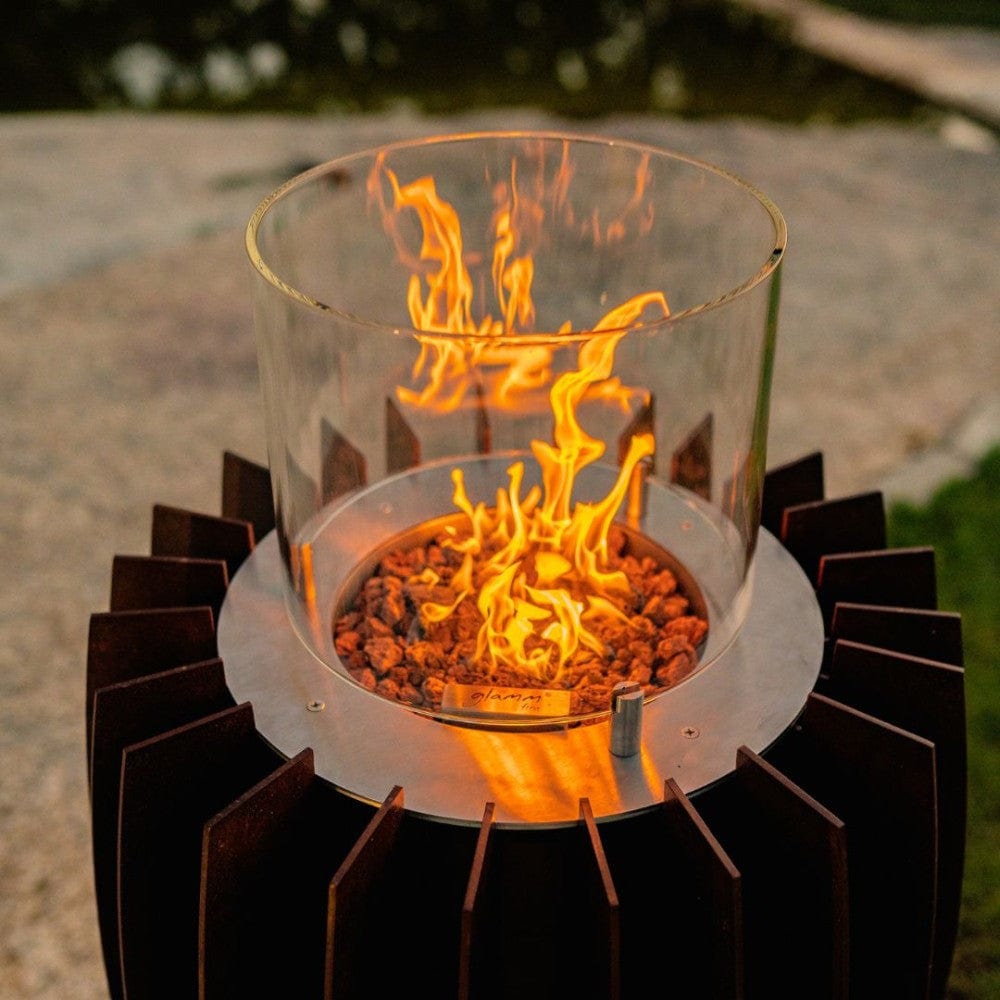 GlammFire Tuli Free Standing Gas Patio Heater Zoomed in Flames