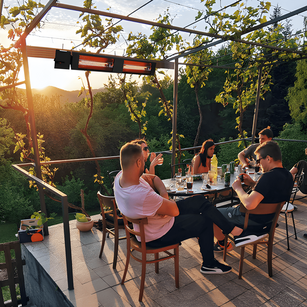 King Electric SmartWave Infrared Radiant Patio Heater is installed at a patio dining gathering. - detail view