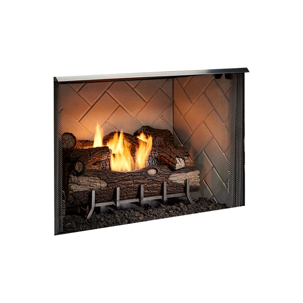 Majestic Vesper Vent-Free Outdoor Gas Fireplace with Herringbone Interior Panels - angle view