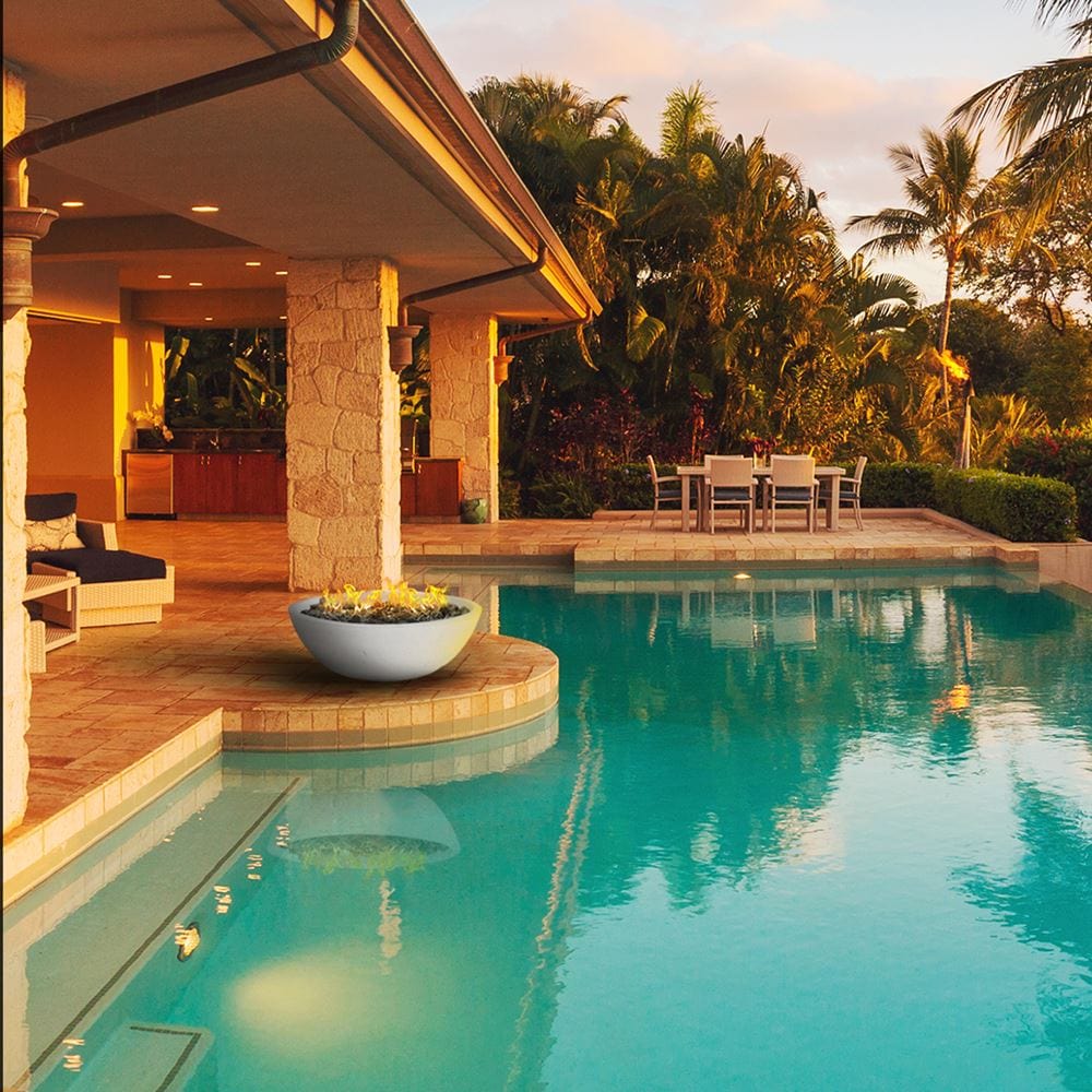 modern blaze white fire bowl placed by the pool