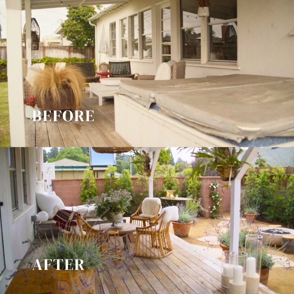 before and after patio makeover with the white modern blaze gas fire bowl