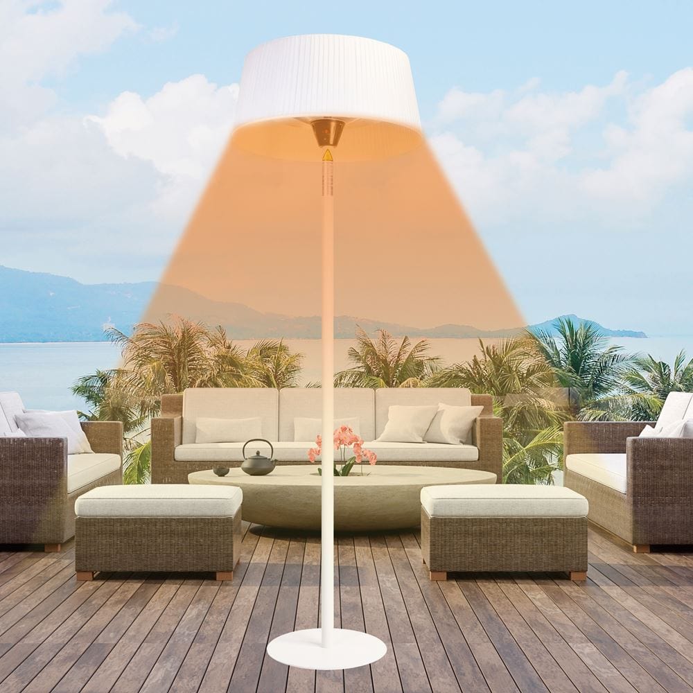 paragon outdoor sol electric heater in white overlooking a lake