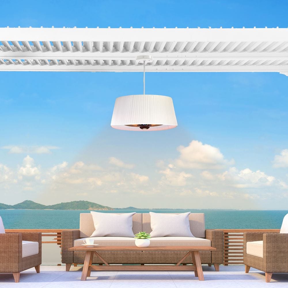 paragon outdoor SOL pendant white electric heater on a patio overlooking the sea
