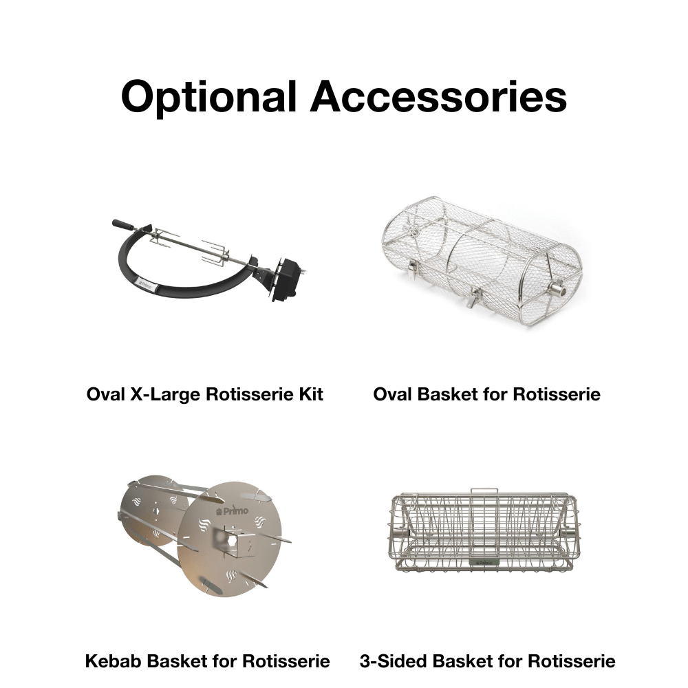 Primo Oval Ceramic Kamado Grill Optional Rotisserie Kit and Accessories