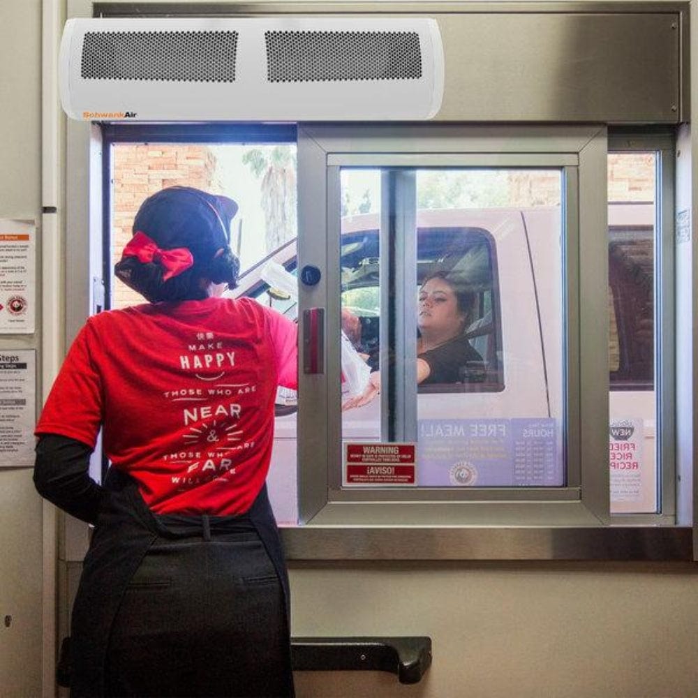 Schwank Swift5 32-Inch Wall-Mounted Air Curtain at a fast food window