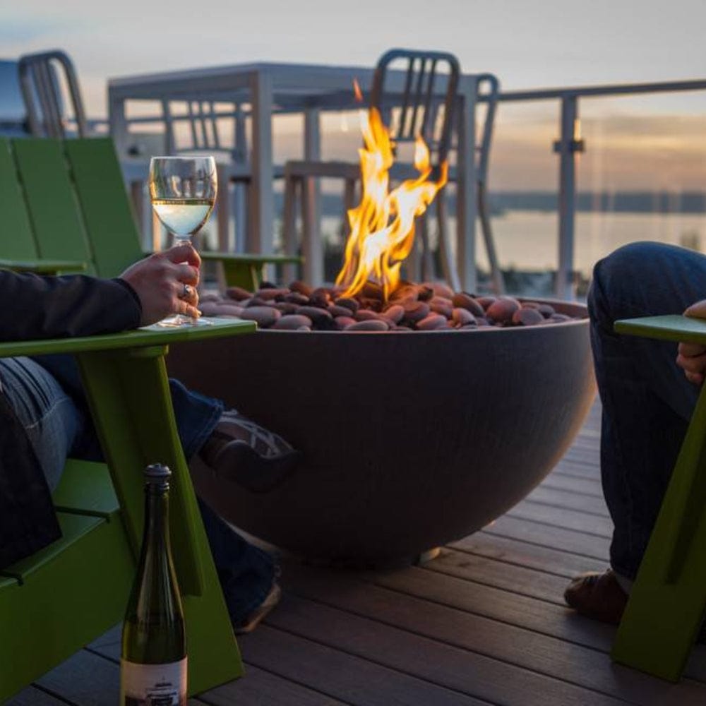 solus hemi fire pit on a wood deck - side view