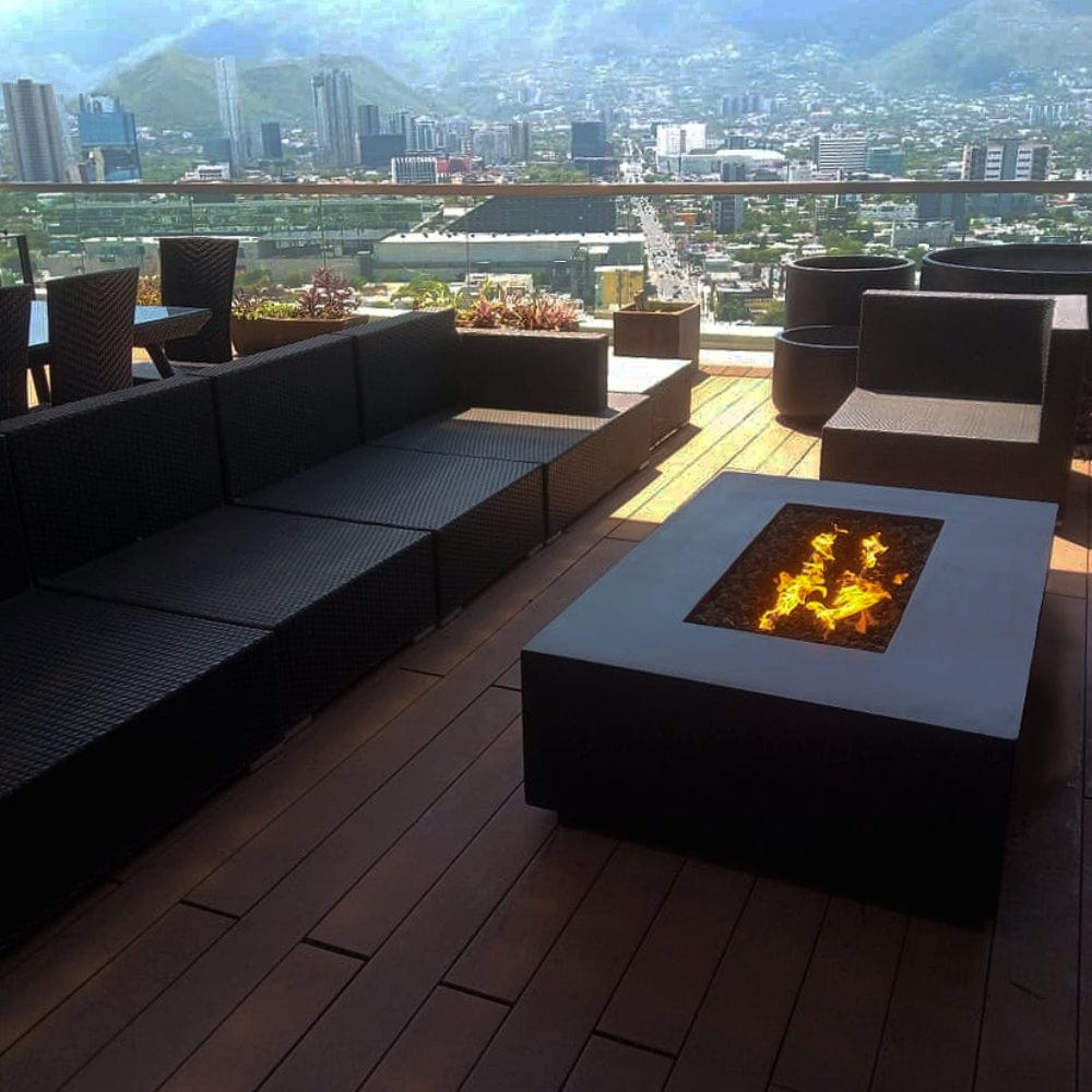Stonelum Manhattan 01 Rectangular Black Fire Pit Table on a rooftop