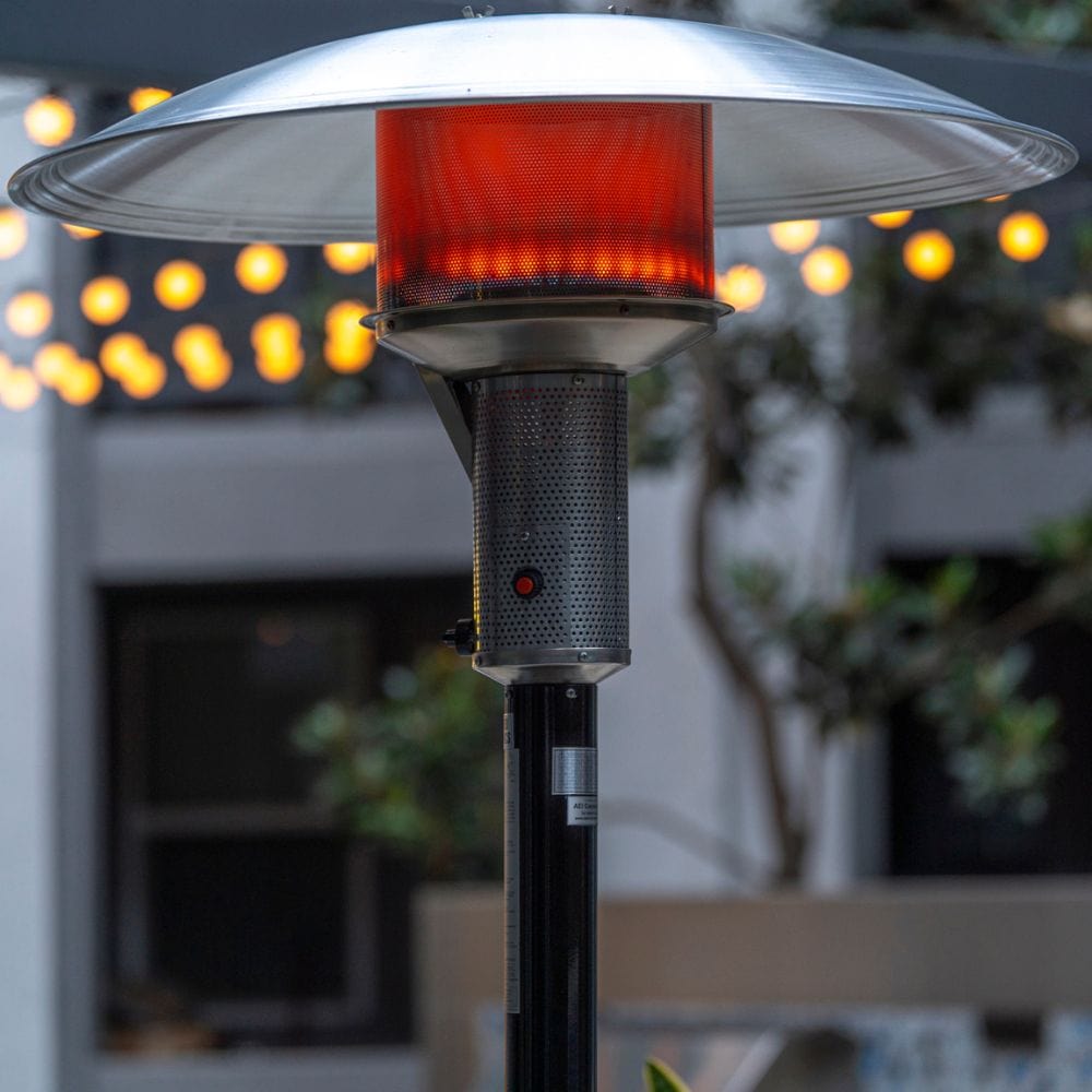 sunglo a242b black portable natural gas patio heater on a patio - installation view