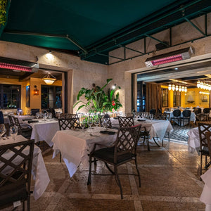 sunpak s34 wall/ceiling mounted infrared gas patio heaters at a restaurant