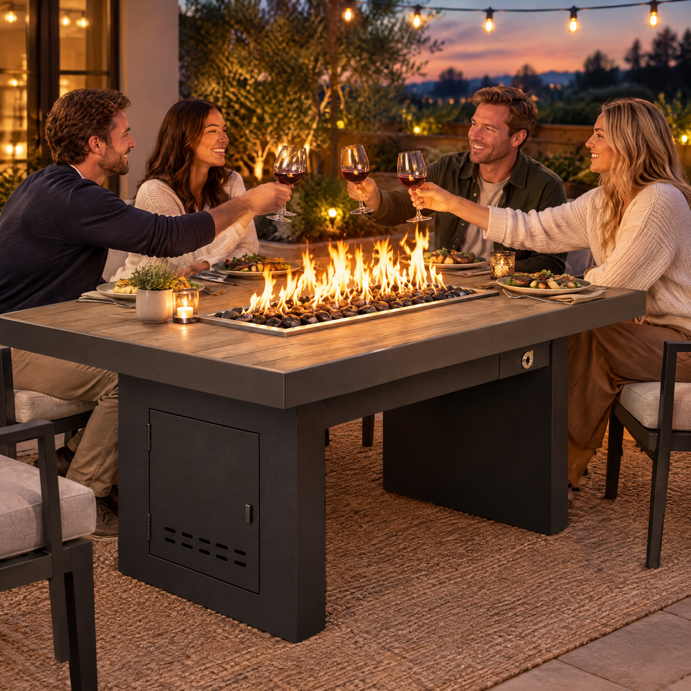Couples toasting at a dinner party around a Top Fires Alameda 72-inch composite wood gas fire table with a Bellevue tabletop and Black base