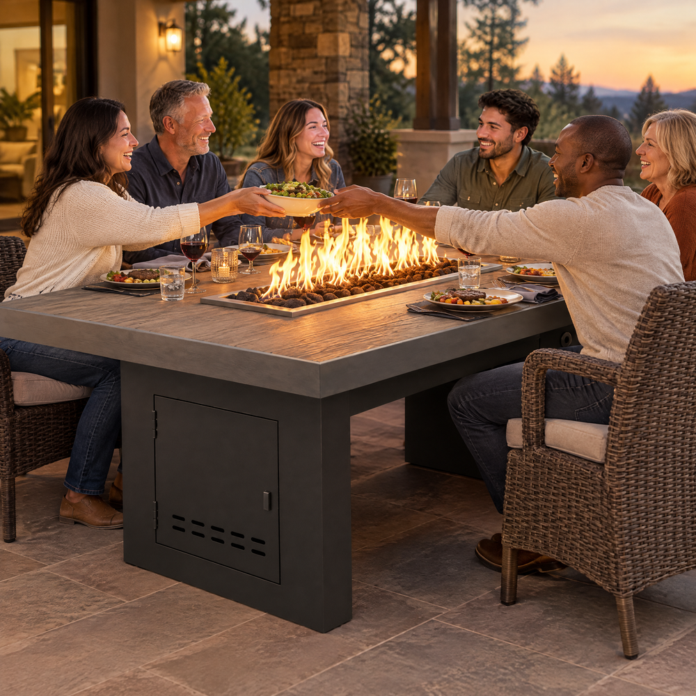 Friends passing dishes at a backyard dinner around a Top Fires Alameda 72-inch composite wood gas fire table with a Tacoma tabletop and Black base