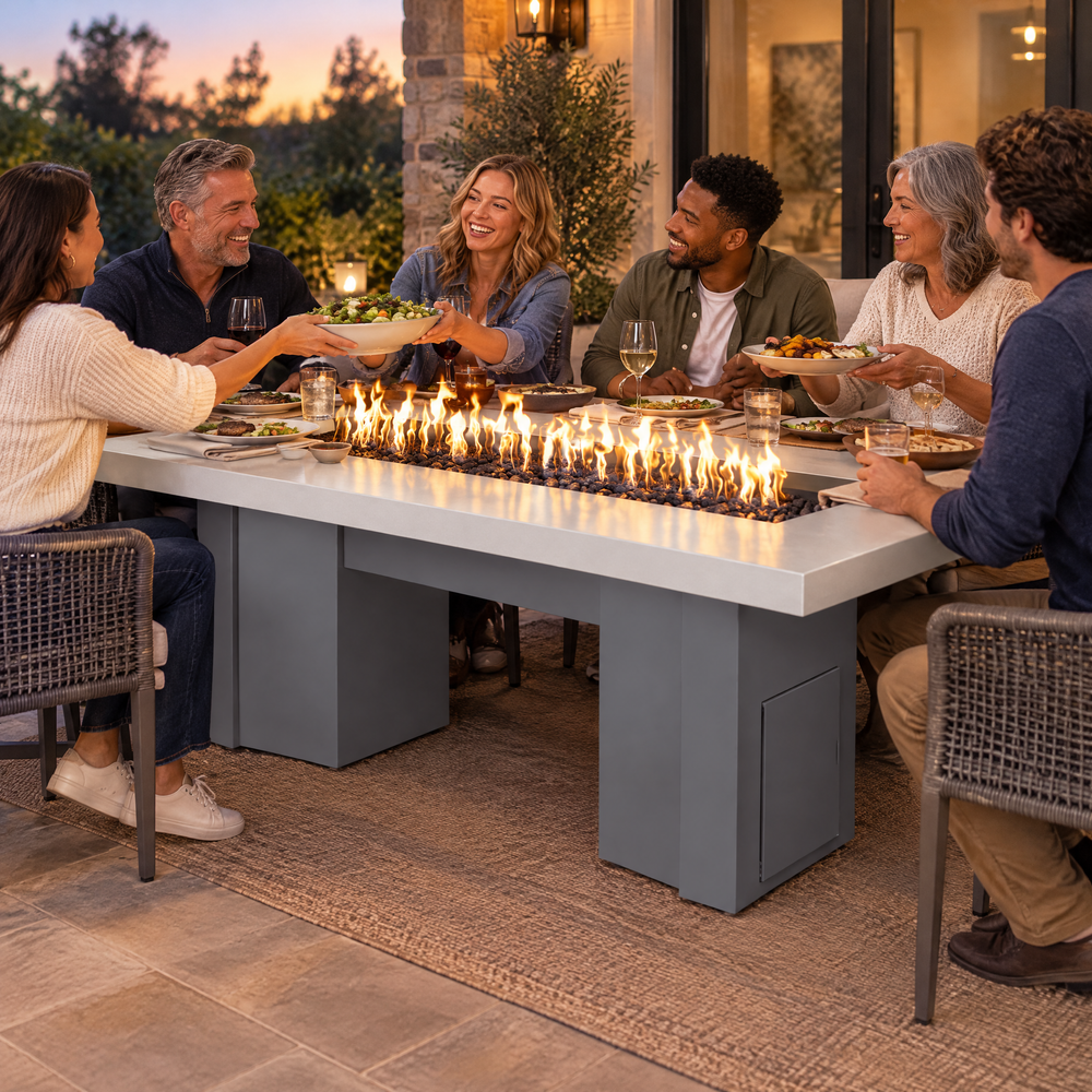 Friends passing dishes at a backyard dinner around a Top Fires Alameda 72-inch GFRC gas fire table with a Metallic Pearl tabletop and Gray base