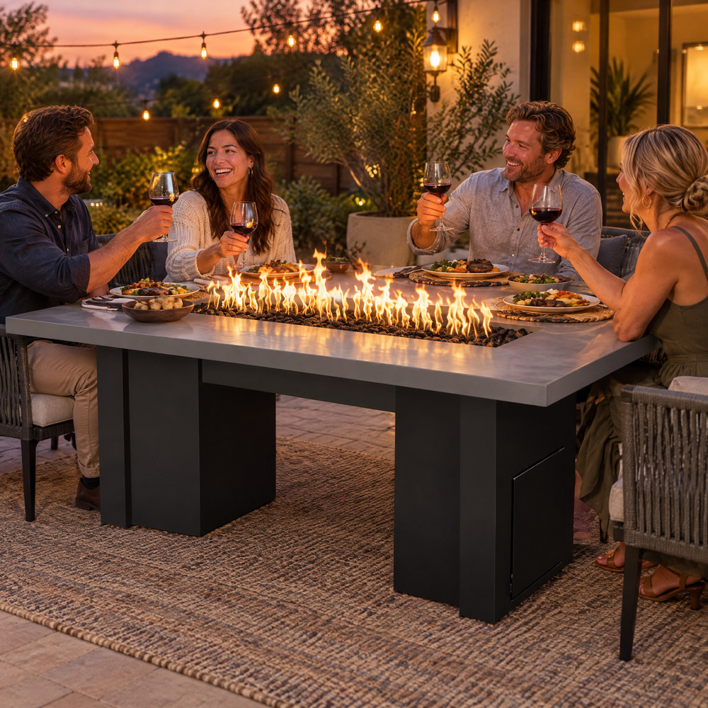 Couples toasting at a dinner party around a Top Fires Alameda 72-inch GFRC gas fire table with a Natural Gray tabletop and Black base
