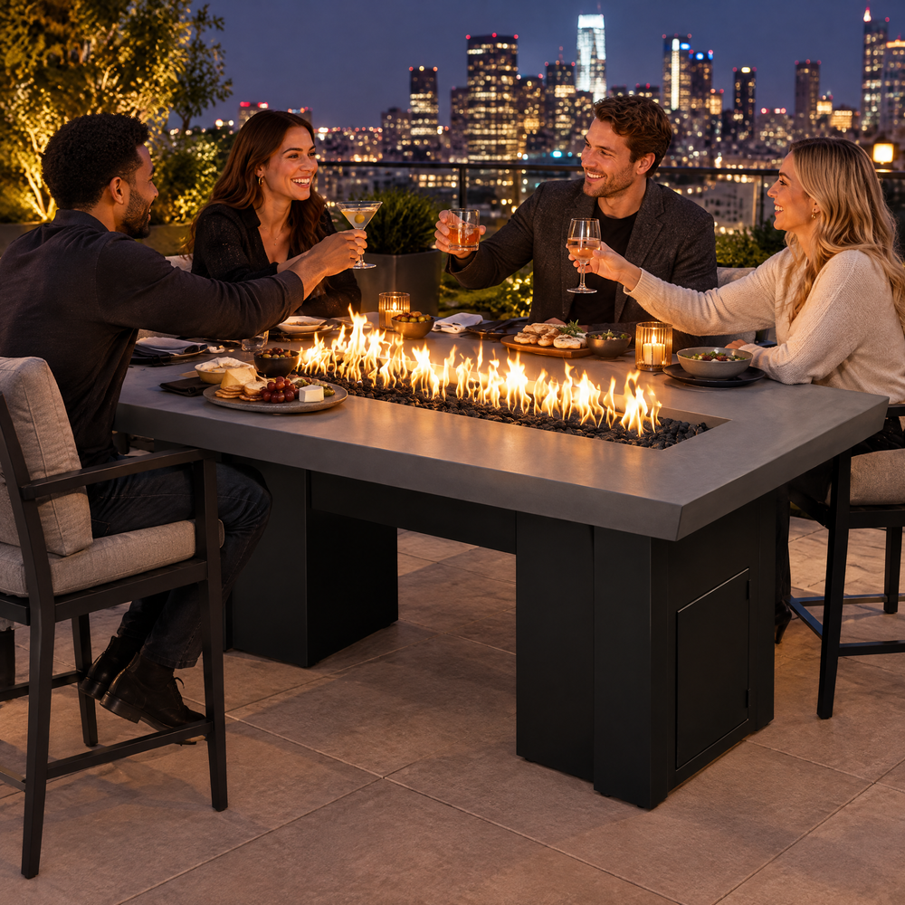 Friends toasting on a city rooftop terrace at night around a Top Fires Alameda 72-inch GFRC gas fire table with a Natural Gray tabletop and Black base