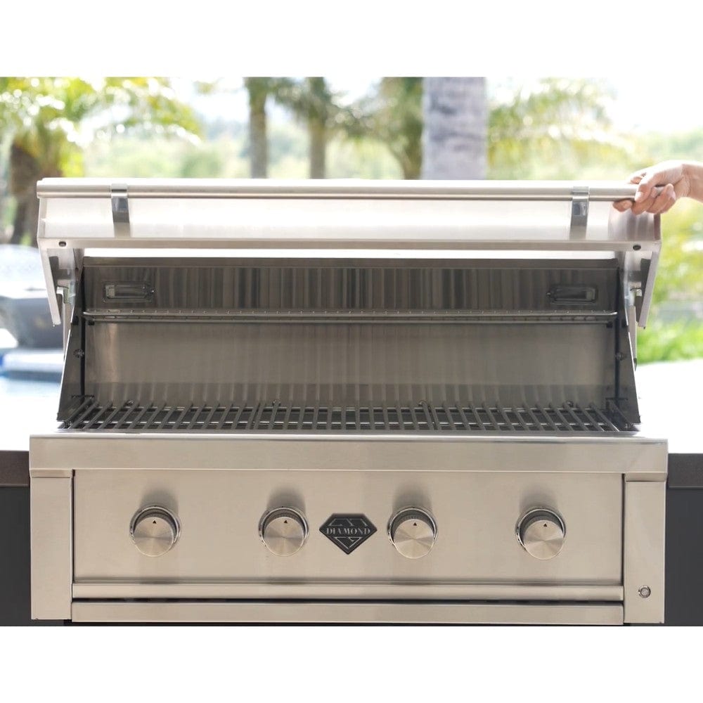 top fires diamond series 36-inch 4-burner natural gas grill built into a countertop - detail view