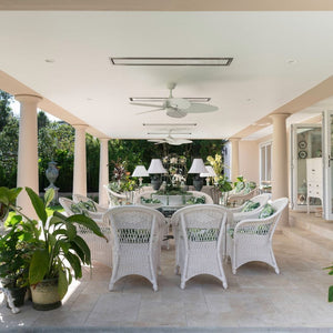 White Bromic Platinum Smart-Heat Electric Patio Heater flush mounted in open patio setting