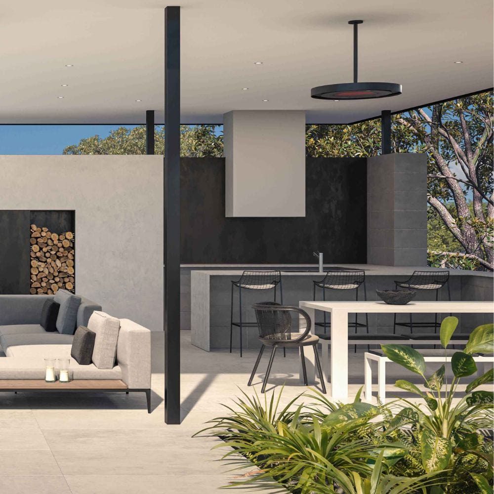 sleek electric patio heater ceiling mounted in an outdoor bar