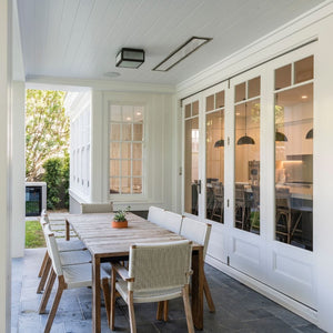 Bromic Platinum Smart-Heat Electric Patio Heater flush mounted in white themed patio