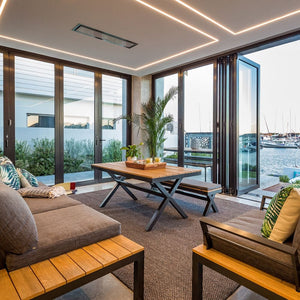 Bromic Platinum Smart-Heat Electric Patio Heater ceiling mounted by the coast