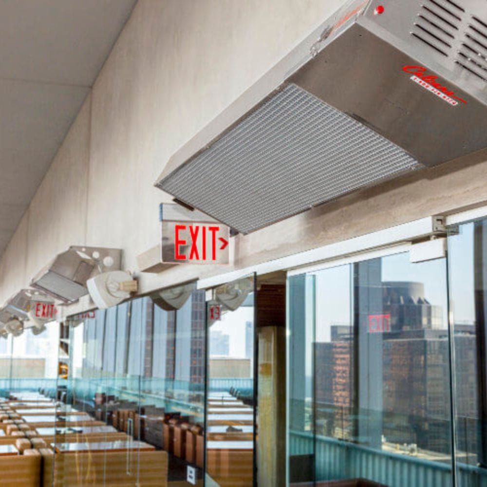 Calcana High Output Stainless Steel Gas Patio Heater in restaurant outdoor area