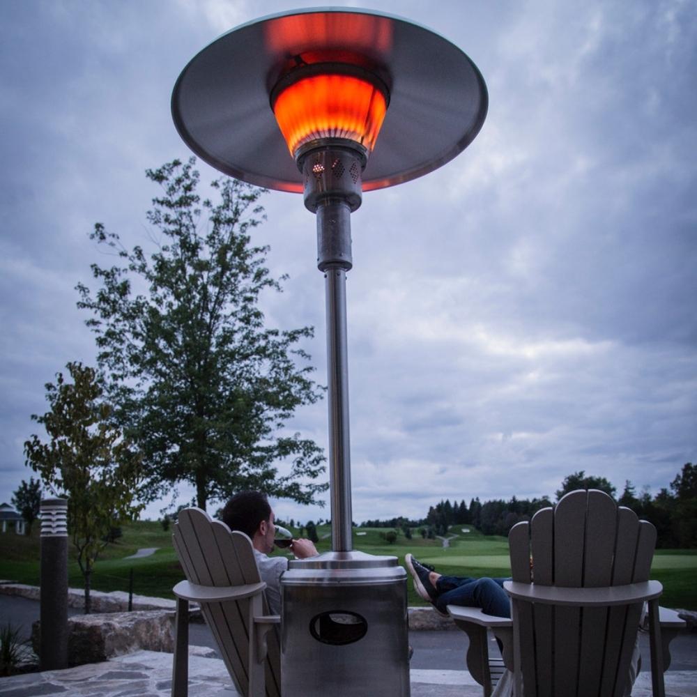 Crown Verity CV-2620-SS Portable Stainless Steel Propane Heater In a Patio