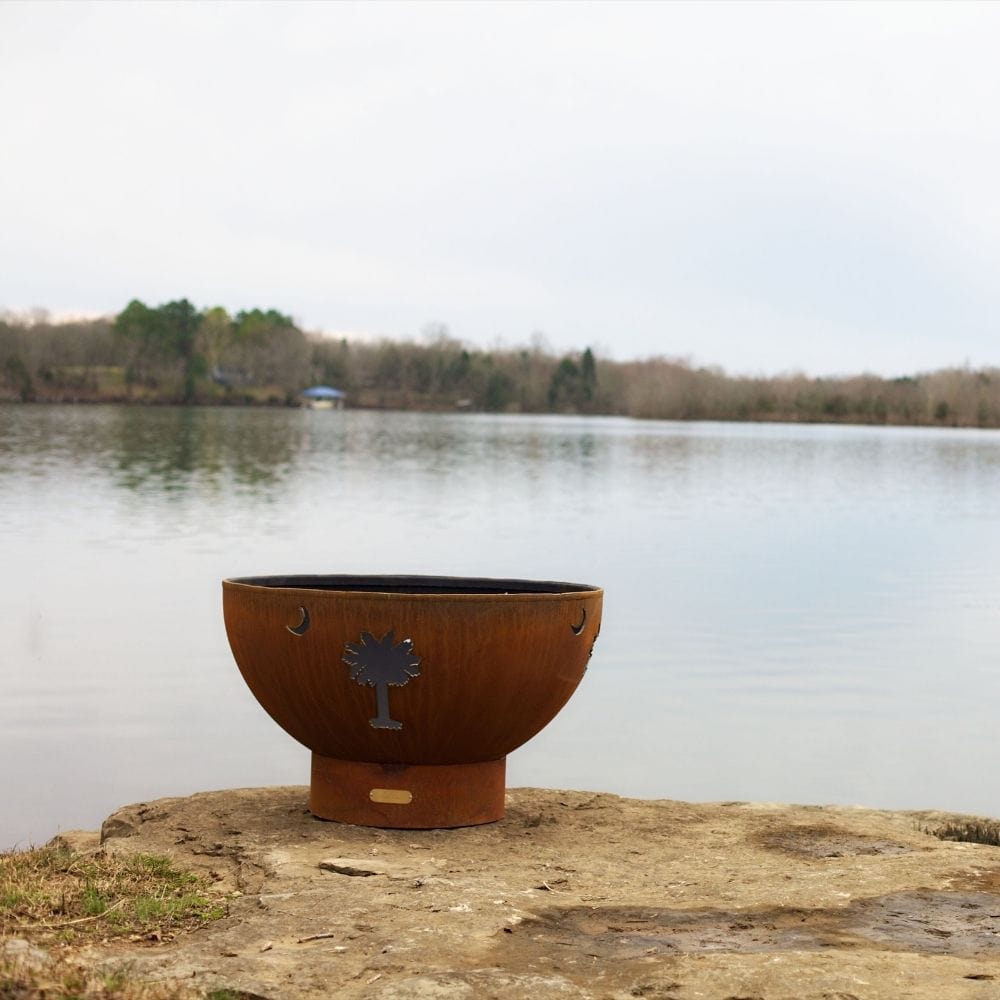 Fire Pit Art Tropical Moon 36-Inch Handcrafted Carbon Steel Gas Fire Pit by the Lake