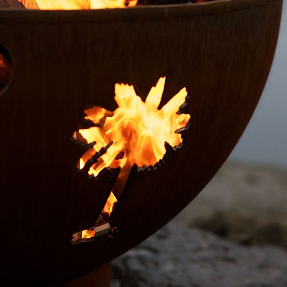 Fire Pit Art Tropical Moon 36-Inch Handcrafted Carbon Steel Gas Fire Pit Palm Cutout with Flame