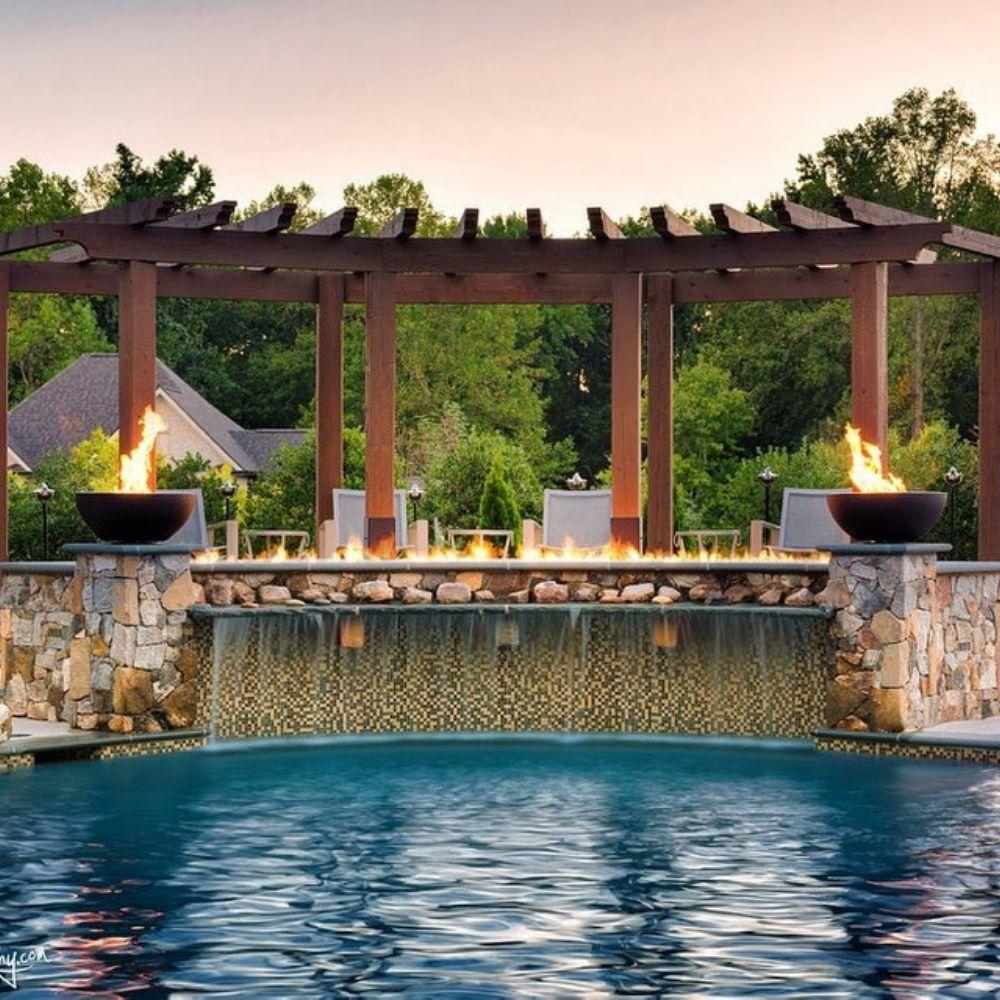 Firegear Sanctuary 30" Round Concrete Gas Fire Bowl in Poolside Patio - room setting