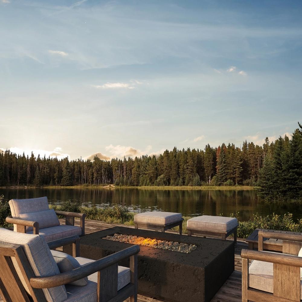 Firegear Sanctuary 56" Rectangular Concrete Gas Fire Pit Table Overlooking Lake