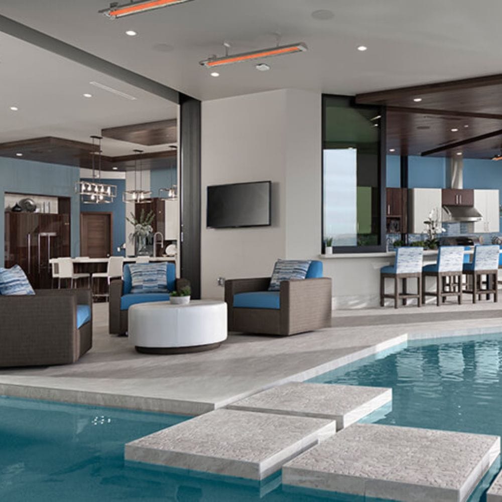 infratech cd electric patio heater ceiling mounted in lavish outdoor space with pool