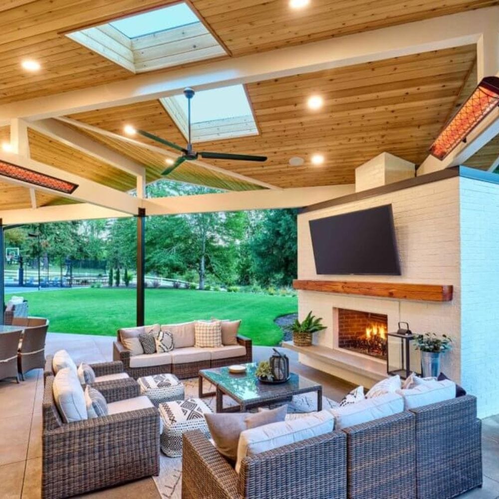 infratech cd electric patio heater wall mounted in patio with outdoor fireplace - alternate view