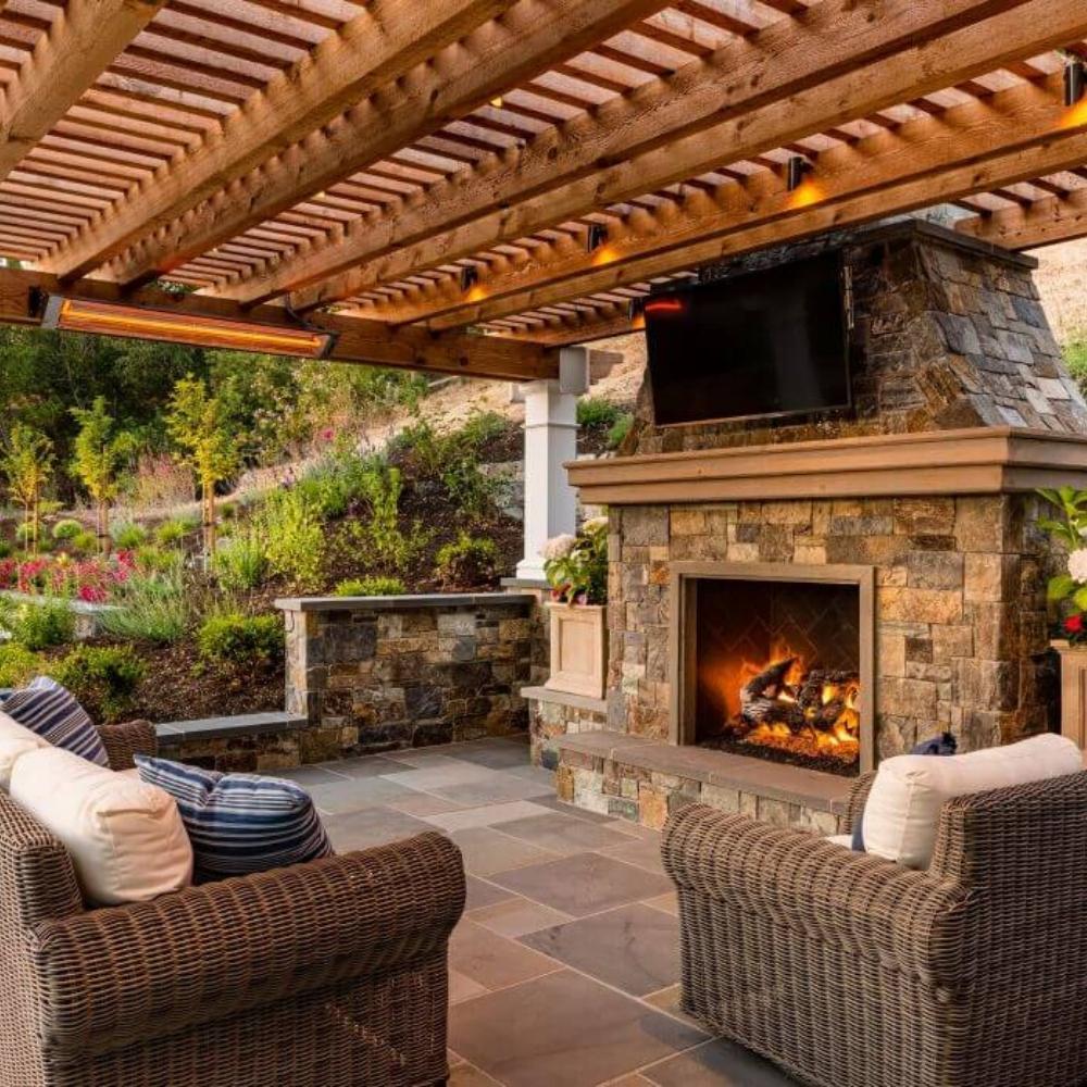 Infratech W Series Electric Heaters Wall Mounted in Backyard Patio - close-up view