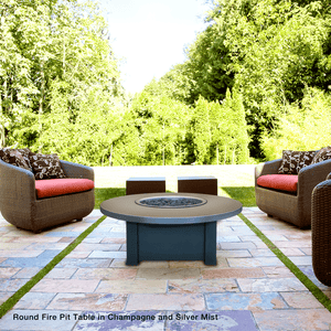 Modern Blaze 42-Inch Round Fire Pit Table in a lush outdoor space