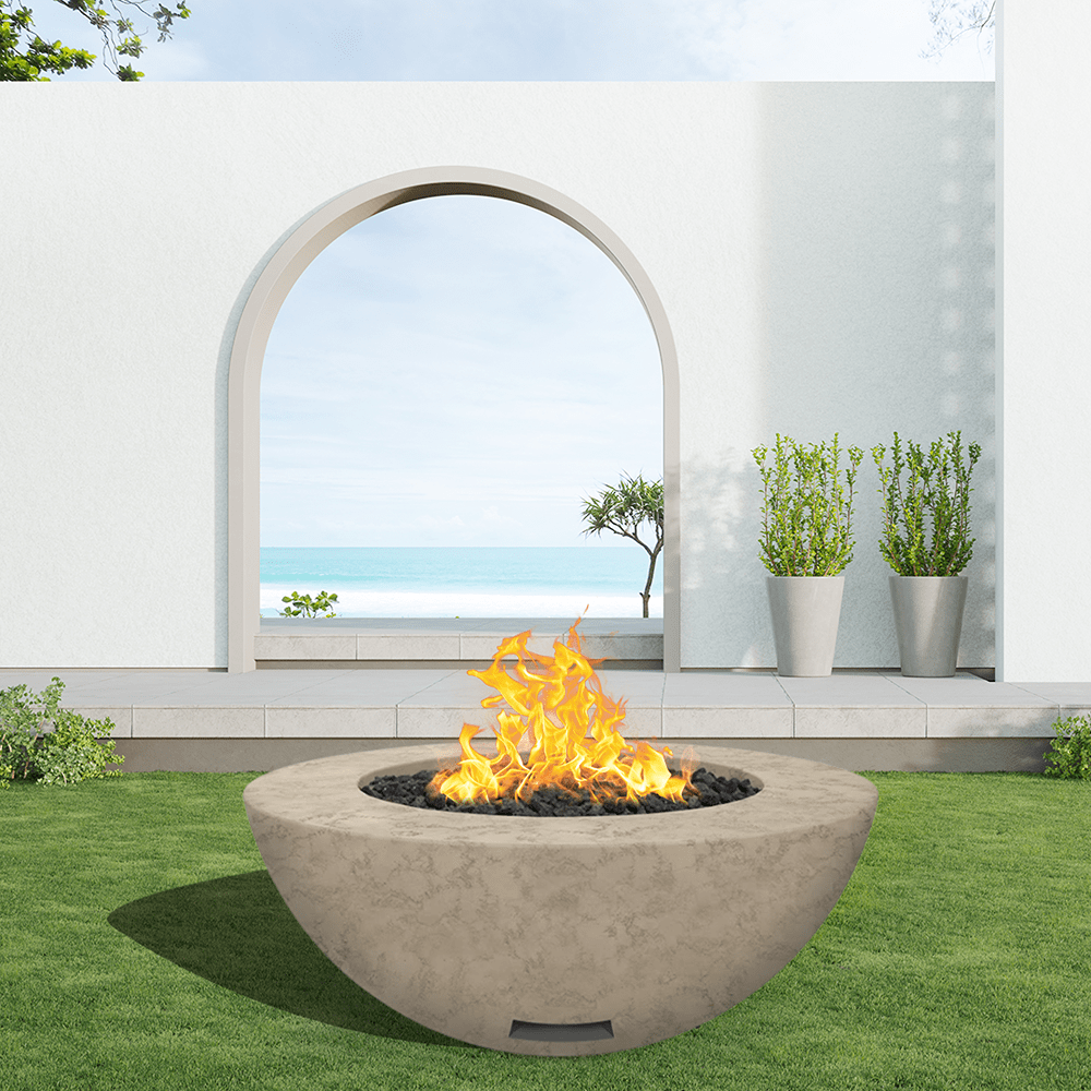 modern blaze round bone fire bowl with textured surface in a light outdoor setting - angle view