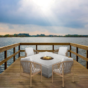 Modern Blaze Mt. Shasta Chat Height Western White Fire Pit Table overlooking the sea