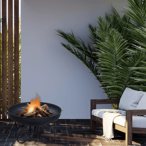 modern blaze round ring base steel fire pit near a sofa