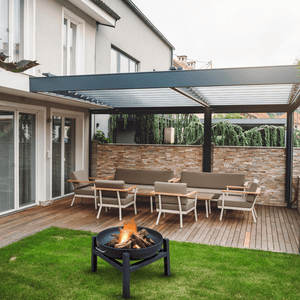 modern blaze round steel fire pit in a cozy patio setting