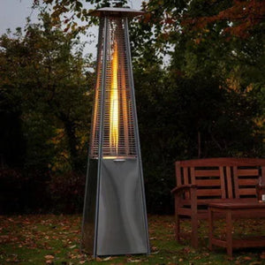RADtec Allure Series Tower Flame Propane Patio Heater - Stainless Steel In an Outdoor Scenario