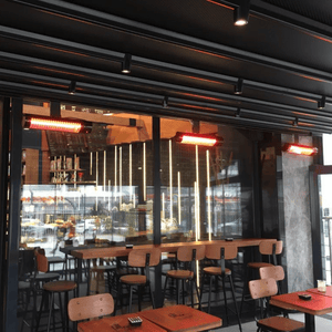 radtec torrid heaters ceiling mounted in restaurant