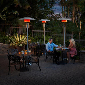 Sunglo Portable Stainless Steel Propane Heater in Outdoor Dining Area