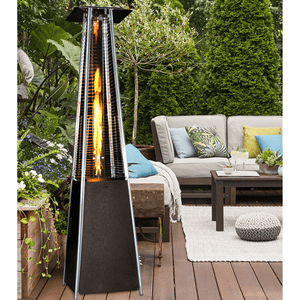 SUNHEAT Pyramid Golden Hammered Propane Heater in a cozy patio setting