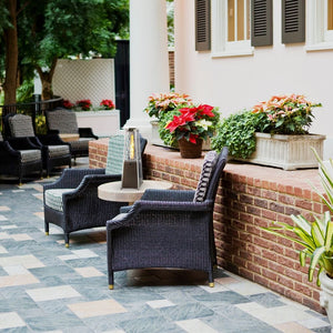 SUNHEAT Square Golden Hammered Tabletop Propane Heater in a garden